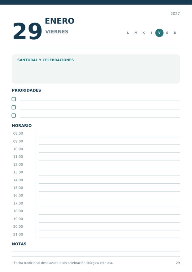 Página interior de la agenda: santoral, prioridades y horario